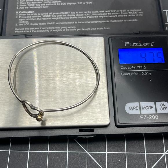 Sterling Silver 925 & 14K Heart Hook Bangle Bracelet Size 6.5" Dainty Minimalist - Picture 5 of 8